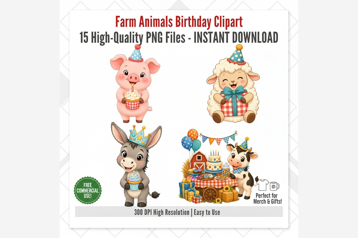 Farm Animals Birthday Clipart Bundle, a Seasonal Illustration by Tanya Kart (Photo 4 of 5)