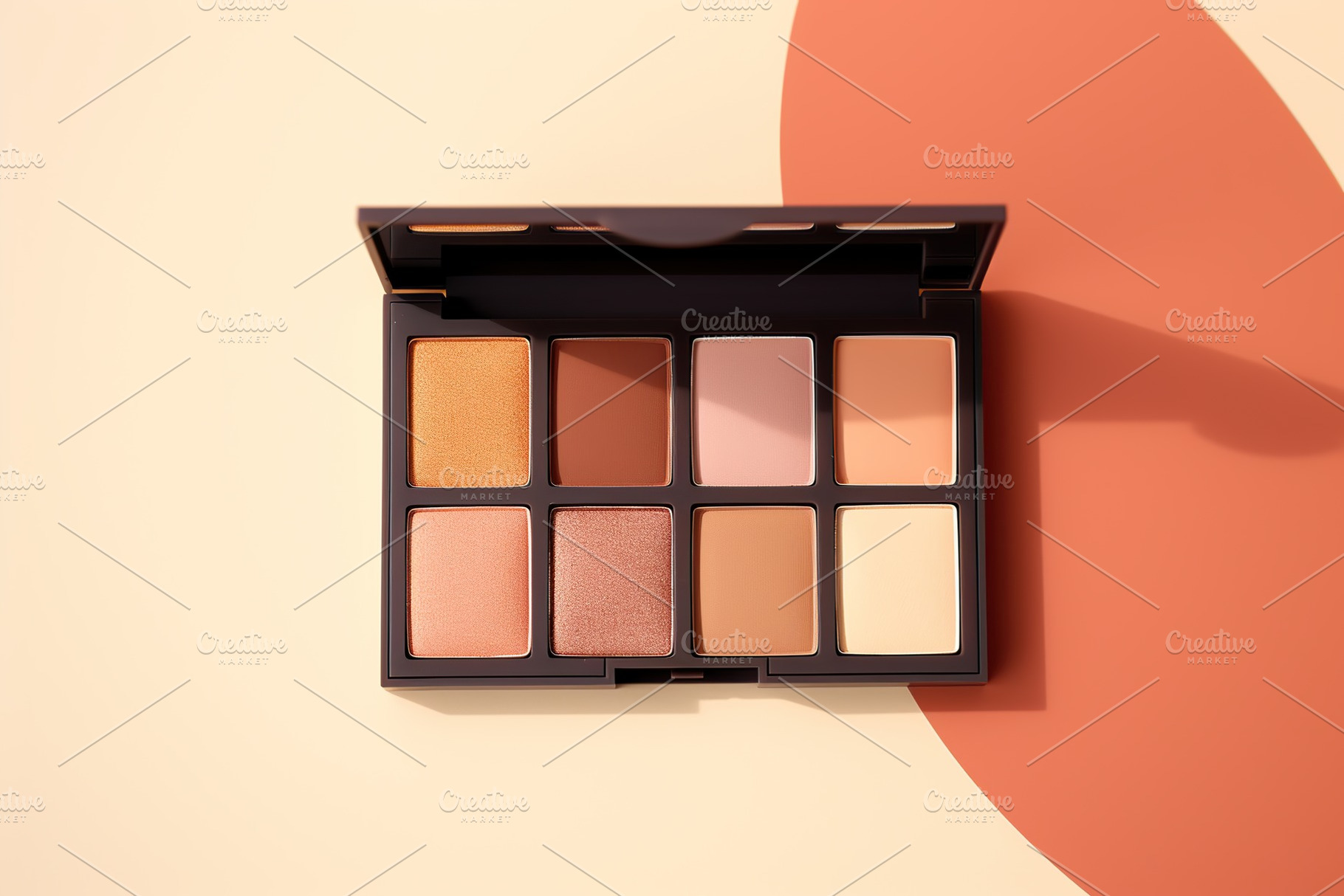 Makeup eyeshadow palette with mirror on colorful background. Cosmetic products, a Beauty & Fashion Photo by AlyaAnd