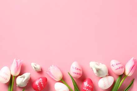 Happy Easter concept. Easter card with colorful eggs, decorative bunnies and tu, a Holiday Photo by photoguns