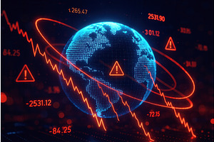 A digital globe surrounded by red, a Finance Illustration by Sergey Kotenev