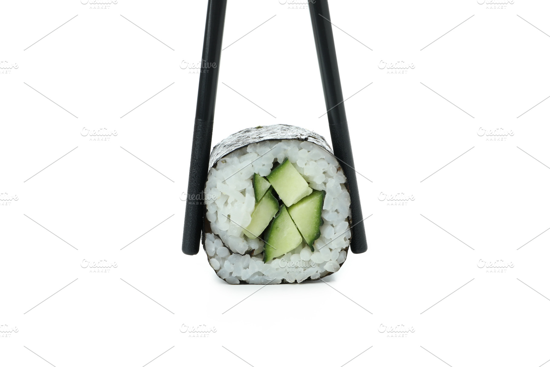 Chopsticks with maki isolated on white background, a Food & Drink Photo by AtlasStudio PRO