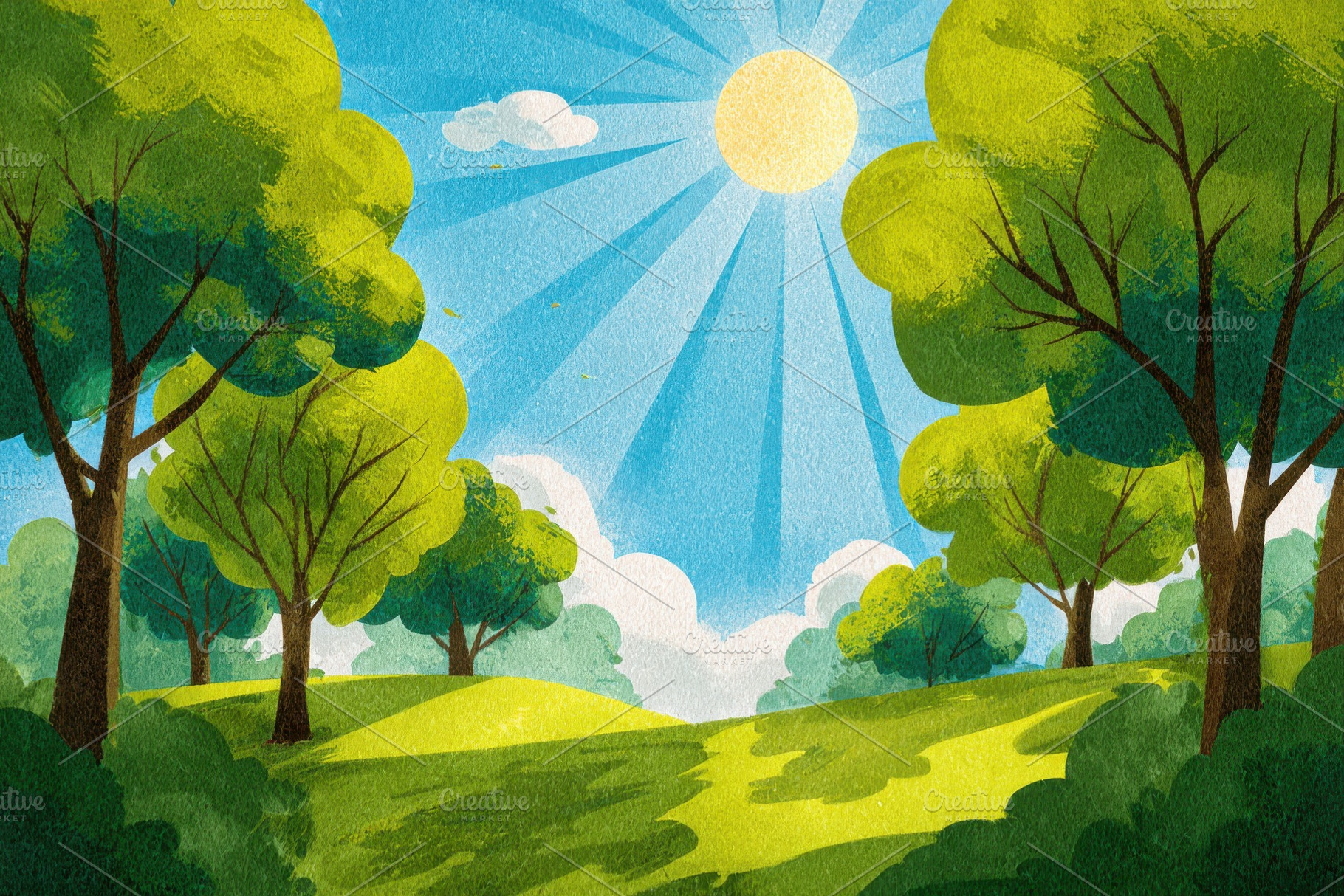 Sunny Day Green Trees Lush Grass Lan, a Photo by Pixeness Studio