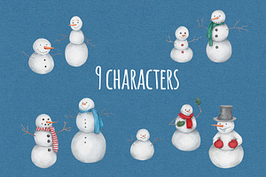 Cute Watercolor Snowmen Set