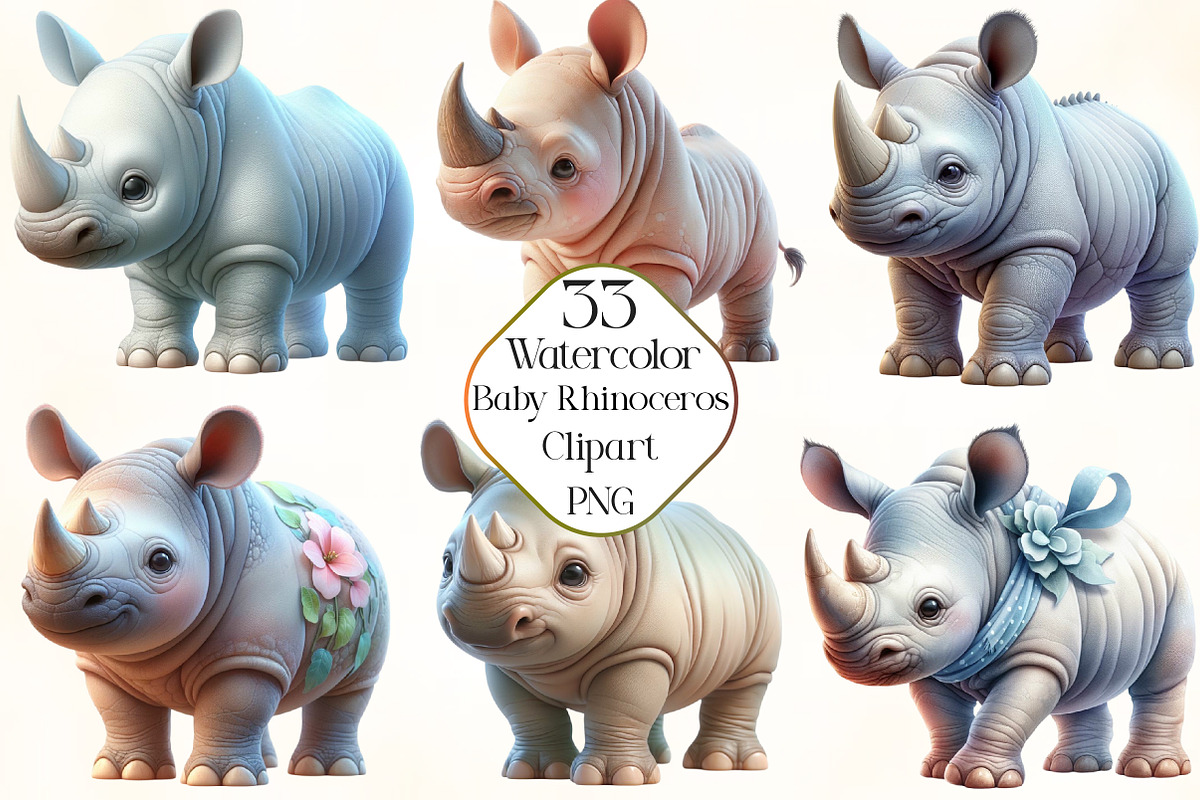 Watercolor Baby Rhinoceros Clipart, an Illustration by CraftArtStudio (Photo 1 of 5)
