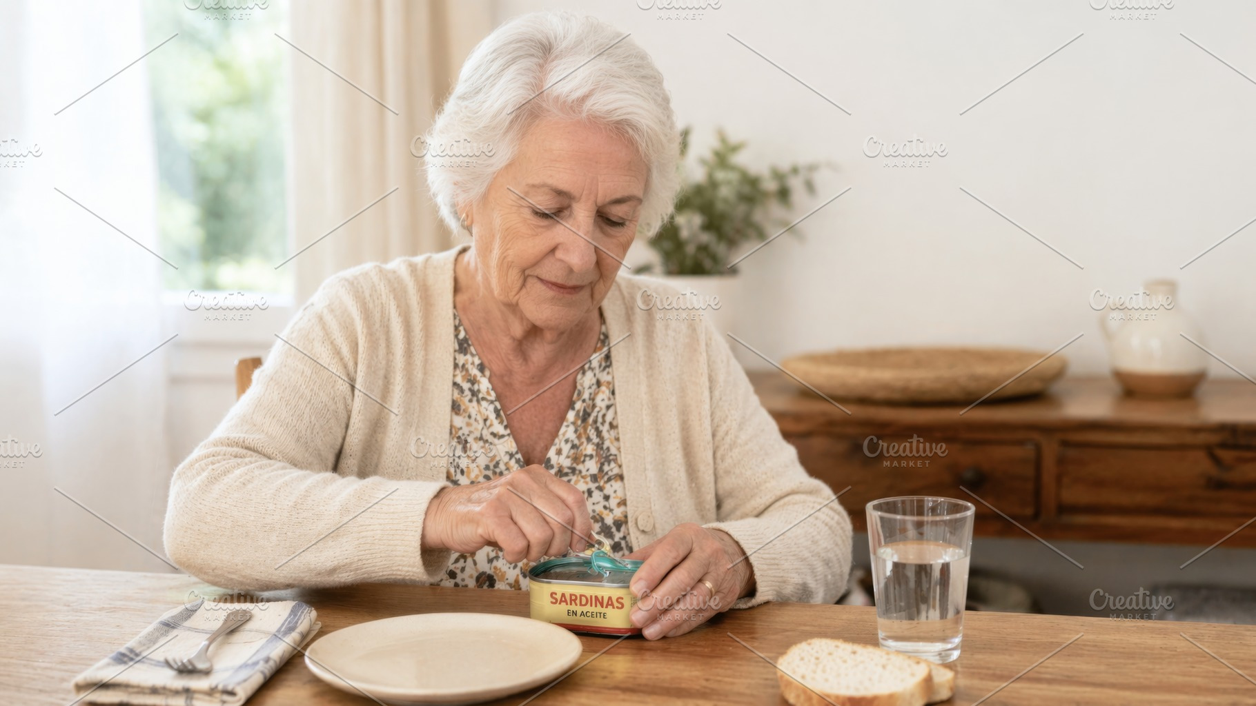 Elderly woman opening sardines tin a, a Photo by Dvoevnore photos