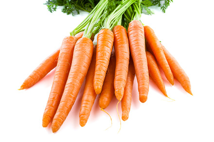Bunch of fresh carrots with green tops. Isolated on a white., a Food & Drink Photo by FoodStock