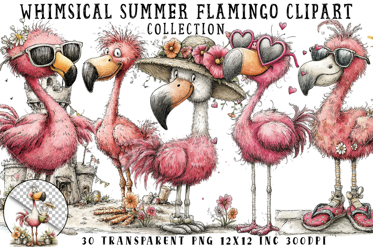 Whimsical Summer Flamingo Clipart, an Illustration by OK Design (Photo 1 of 6)