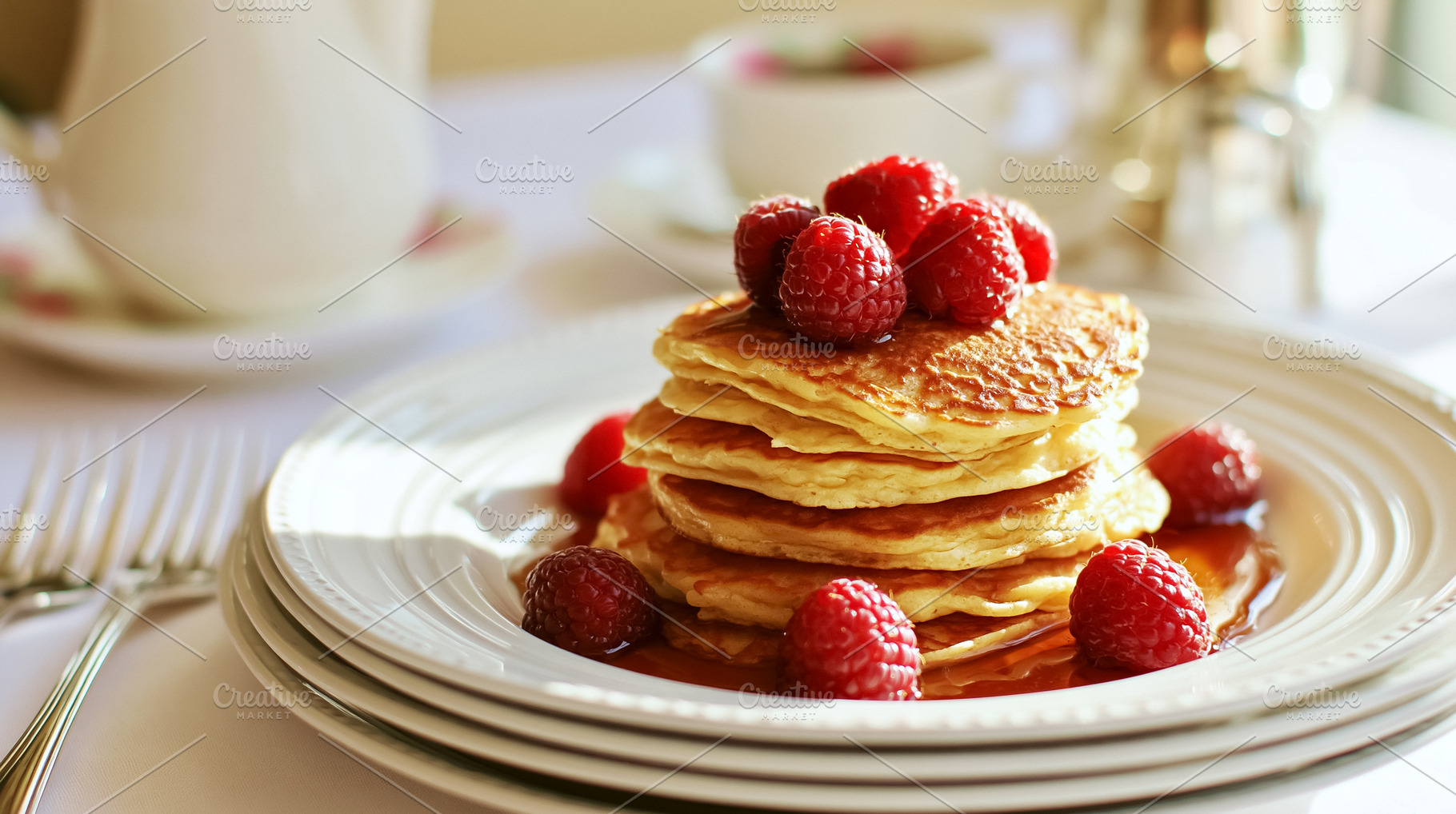 Stack of golden pancakes dripping with maple syrup, topped with fresh red raspb, a Photo by Studio ANNA