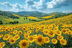 Bright yellow sunflowers stretch across rolling hills under a blue sky with clo, a Nature Photo by AlyaAnd