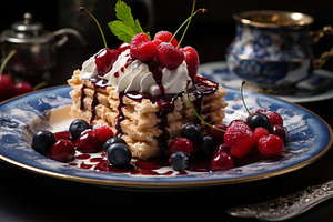 Tiramisu cake with fresh berries and, a Photo by LOGOCREATIVE