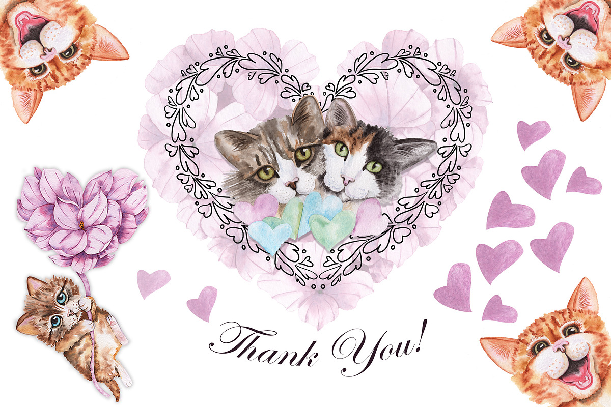 Valentine's Day Watercolor Cats, an Animal Illustration by TanataDesign (Photo 10 of 10)