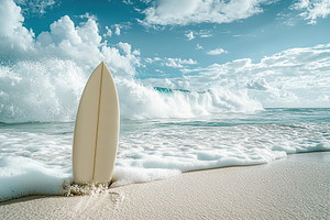 Surfboard resting on soft white beach with crashing waves and bl, an Arts & Entertainment Photo by AlyaAnd