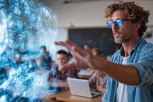 Teacher using futuristic technology, a Photo by Pixeness Studio