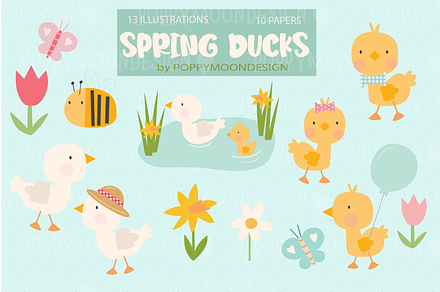 Spring Ducks clipart and paper set