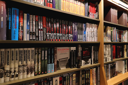Racks with books. Bookshop shelves showcases., a School & Education Photo by Textures & Backgrounds