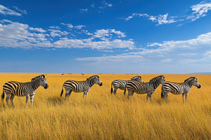 Zebras graze in golden grasslands un, an Animal Photo by Pixeness Studio