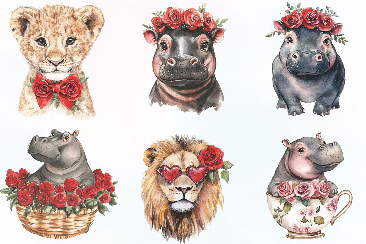 Red Roses Cute Animals Lion Hippo, an Illustration by CraftArtStudio (Photo 2 of 6)