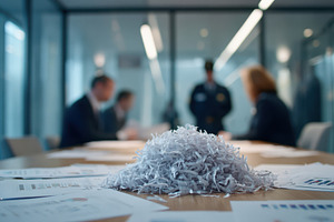 Investigation in a conference room with crumpled papers, a Business Photo by AlyaAnd