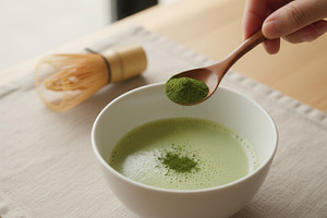Ceremonial matcha powder dusted over whisked tea