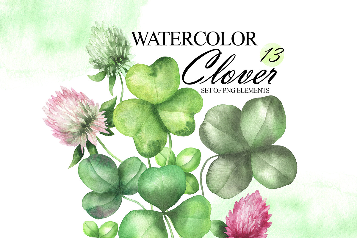 Watercolor clovers clipart, an Illustration by OlDm_Shop (Photo 1 of 6)