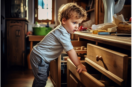 Child exploring kitchen drawer, a Person Photo by Ylivdesign