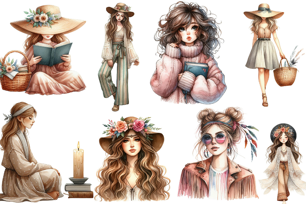 Watercolor Boho Girls Clipart, an Illustration by Designking (Photo 3 of 4)