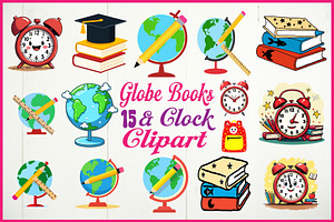 Globe, Books & Clock Clipart, an Object Graphic by Designs_River