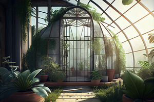 Greenhouse eco farm agriculture. Glass green house garden equipment or plants c, a Technology Illustration by Olyryk & Aglo