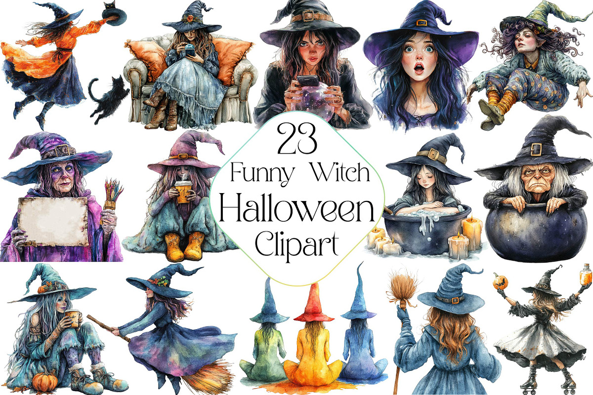 Funny Witch Halloween Clipart, an Illustration by DreamPrint404 (Photo 1 of 5)