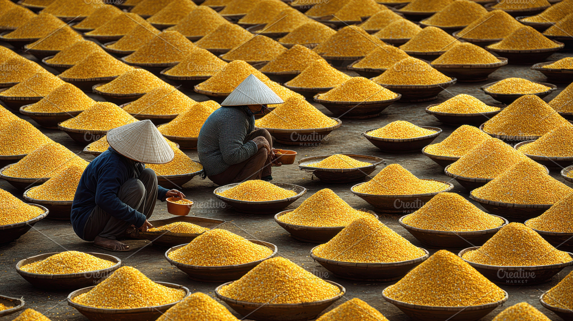 Workers sorting yellow rice, a Photo by Beautiful things