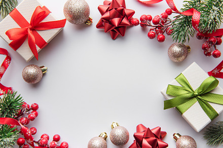 Christmas background with fir tree and decor. Top view with copy, a Holiday Photo by Olena Rudo