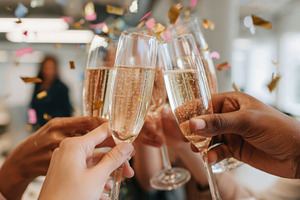 Friends clinking champagne flutes amidst confetti, a Food & Drink Photo by AlyaAnd