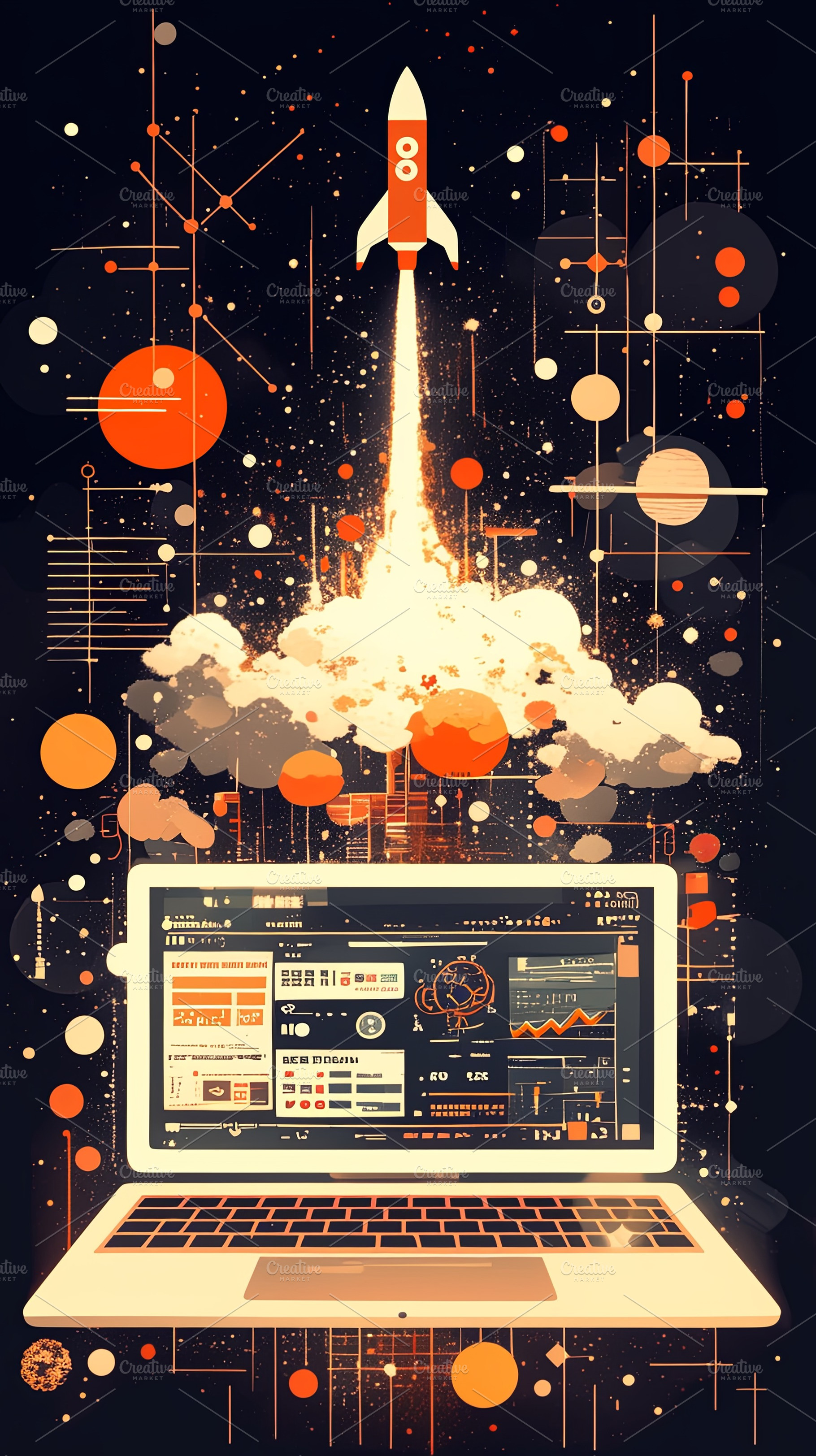 Rocket launch and laptop visualization representing innovation and technology c, a Photo by AS photostudio