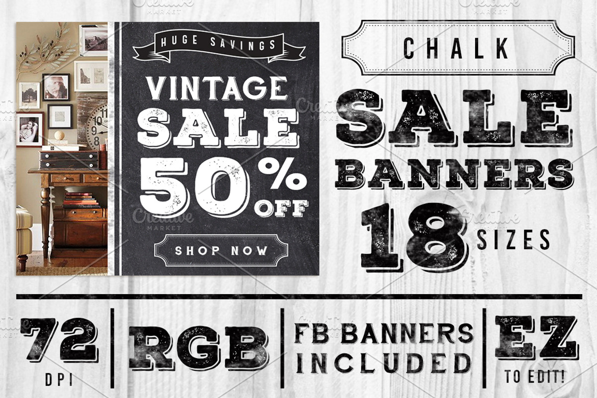 18 Chalk Vintage Sale Banner Ads, a Templates & Theme by SkyvaraSupply (Photo 1 of 2)