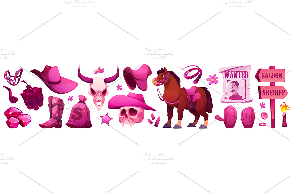Pink cowgirl accessories set, an Object Illustration by art PVP - market
