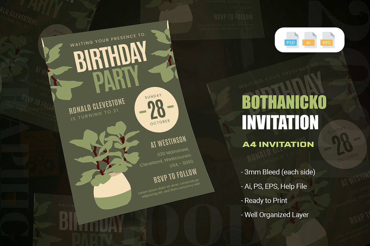 Bothanicko Birthday Invitation, an Invitation Template by AQR Studio (Photo 1 of 2)