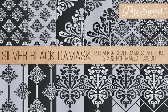 Black & Silver Damask 12 Pattern Set preview 3
