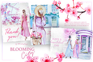 Watercolor Blooming City Clipart Set