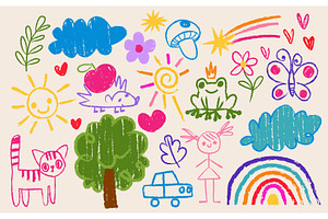 Hand drawn kids crayon pictures set, an Illustration by art PVP - market