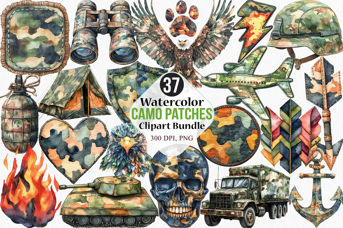 Watercolor Camo Patches Clipart, an Illustration by Canvas Craft (Photo 1 of 7)