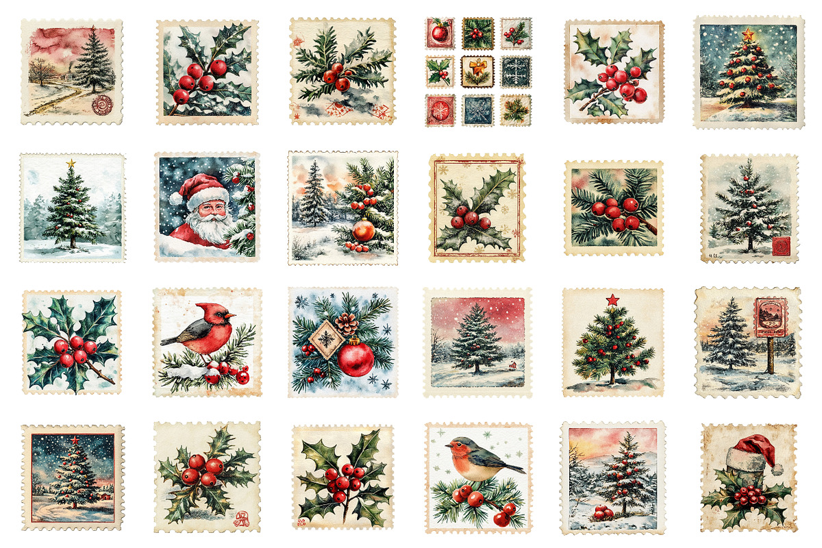 Vintage Christmas Stamps Png Bundle, an Illustration by SinaCreation (Photo 2 of 7)