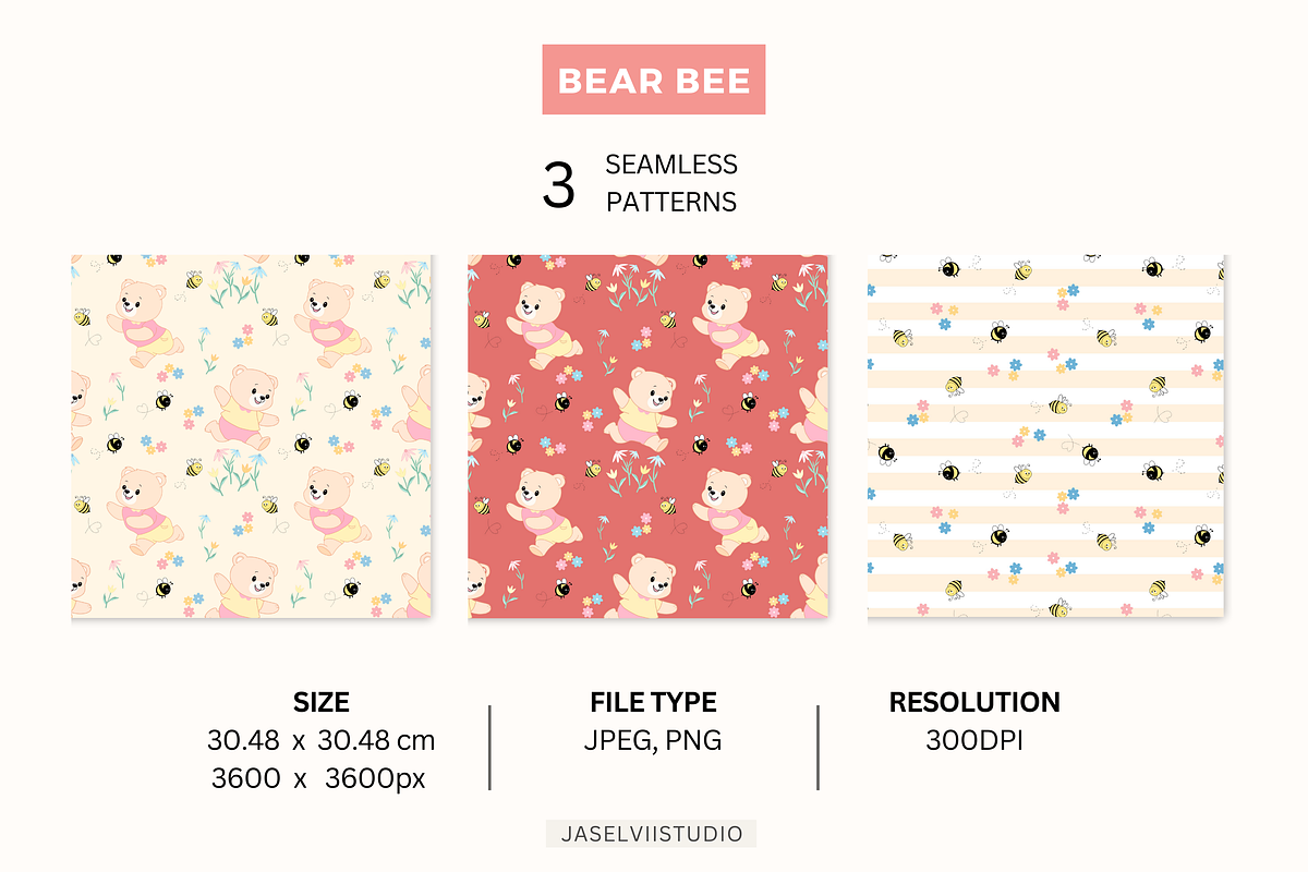 Bear Bee - Peach, a Pattern Graphic by Jaselvii Studio (Photo 2 of 6)