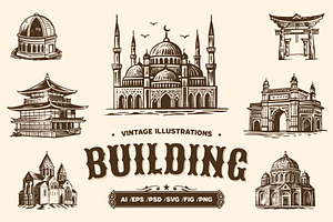 Vintage Building Illustration Set, a Decorative Illustration by Creative Stall