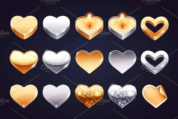 Set Of Golden And Silver Hearts