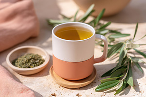 Herbal infusion mug on a wooden coaster with dried herbs and greenery in a cozy, a Food & Drink Photo by AlyaAnd