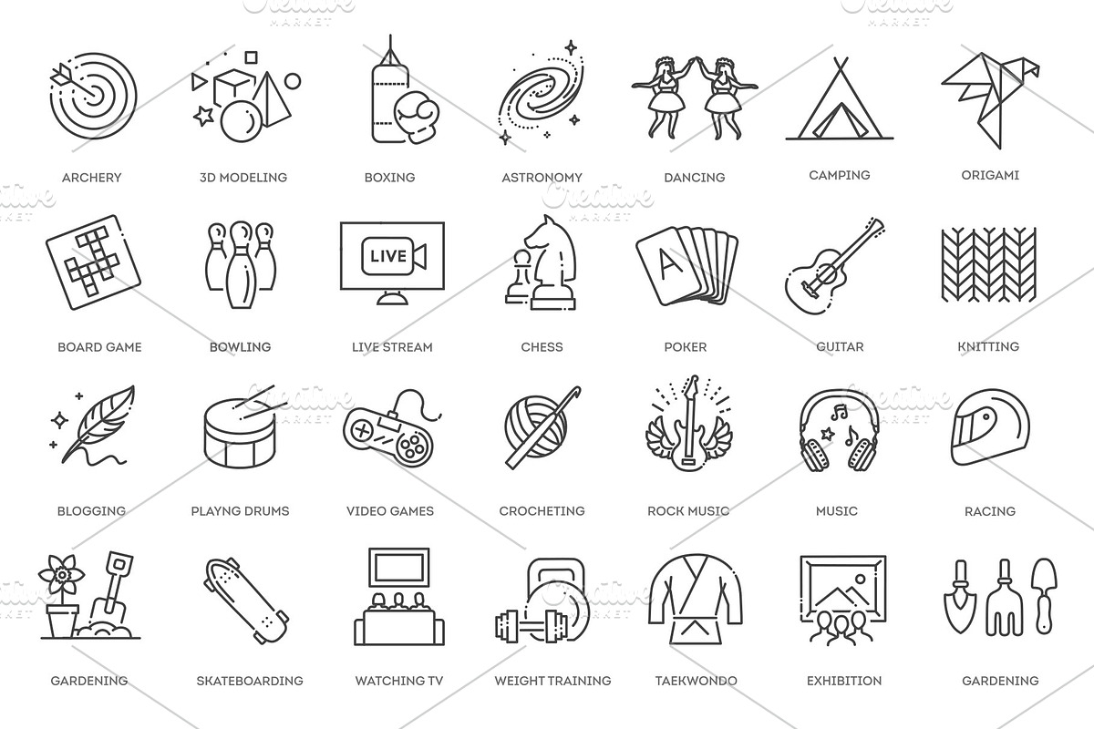 Leisure and Pastime Activities Icons, an Outline Icon by Tettygreen (Photo 2 of 2)