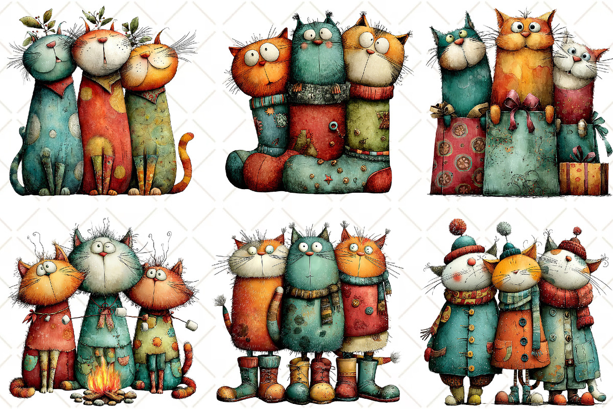 Whimsical Christmas Cats Clipart, an Illustration by Black Bird Studio (Photo 3 of 6)