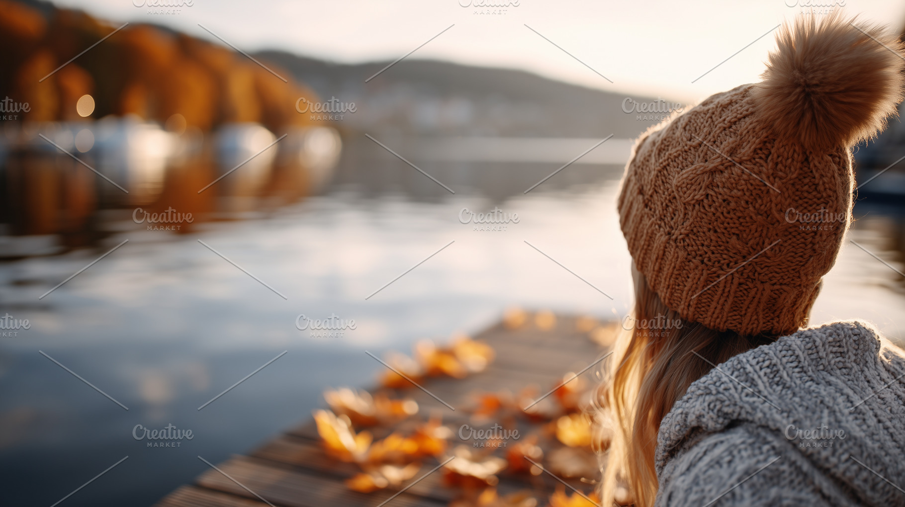 Woman in warm knitted hat sitting on, a Nature Photo by MistyDay