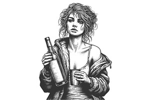Disheveled Woman Holding Bottle and, a Person Illustration by AlexArt