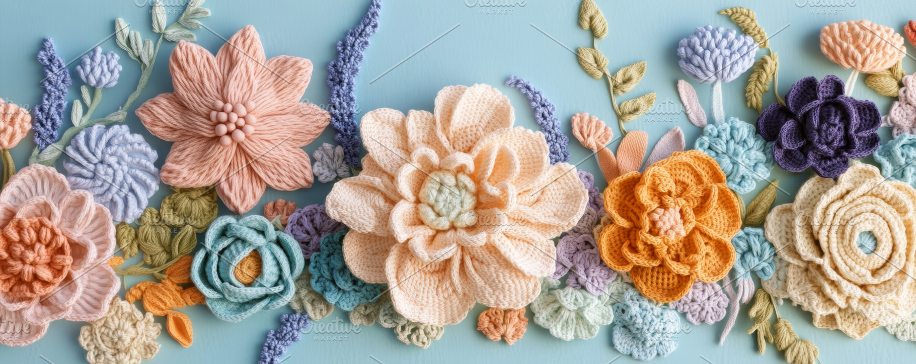 Colorful Handmade Crochet Flowers on Pastel Blue Background, an Abstract Photo by Natalia Klenova's Shop